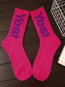 2 Pairs Random Multicolor Contrast YES Letter Mid-Calf Socks Unisex Ribbed High Elastic Breathable Sweat-Absorbing Korean Japanese Street Style Cool Mid-Calf Socks Suitable For Skateboard Sports Campus Outings Party Music Festival Outfits - Multicolor - View 6