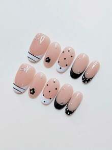 10 piezas de uñas postizas ovaladas medianas hechas a mano, estilo francés elegante en blanco y negro, base rosa nude, diseños de lunares y pequeñas flores negras con strass para mujeres y niñas, uso en primavera, verano, otoño, invierno, festivales, fiestas y vida diaria - Blanco y Negro - Ver 2