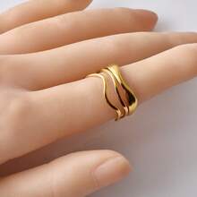 304 Stainless Steel Minimalist Ins Style Adjustable Wave Pattern Ring, Unisex Simple Metal Rings For DIY Jewelry Making, Available In 18k Gold, Silver, Rainbow Plating - Gold - View 4