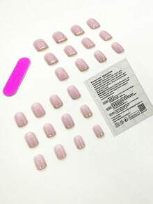 24入組短款方形裸色法式金邊閃粉假指甲與1PC美甲文件和1張指甲貼紙，快速提升外觀，美甲用品 - 粉色 - 查看 2