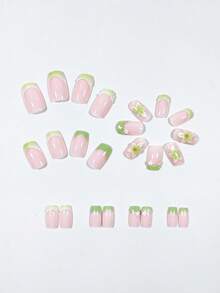 Y2K Cute 3D Drip Glue Mint Green French Small Flower Petal Milk Green Gradient Sweet Style 24pcs Short Square Press-On Nails Fake Nail Tips Acrylic Nails Y2k Nails - Multicolor - View 3