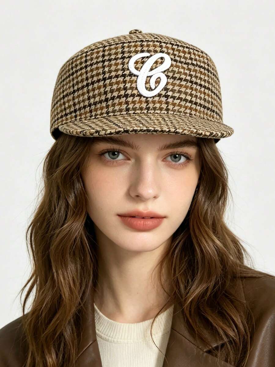 1 pieza Gorra de béisbol estilo americano para mujer con parte superior plana, vintage, letra 3D, diseño de pastillero, estampado de pata de gallo, unisex