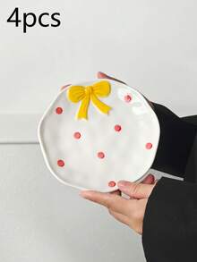 1/2/4pcs Embossed Cute Bow Ceramic Plates, Korean Style Minimalist Ceramic Plates, Afternoon Tea Dessert Plates, Coffee Cup Trays, Breakfast Plates, Casual Snack Plates, Cake Plates, Candy Plates, Gift Tableware, Plates, Suitable For Various Scenes Office, Restaurant - Multicolor - View 24