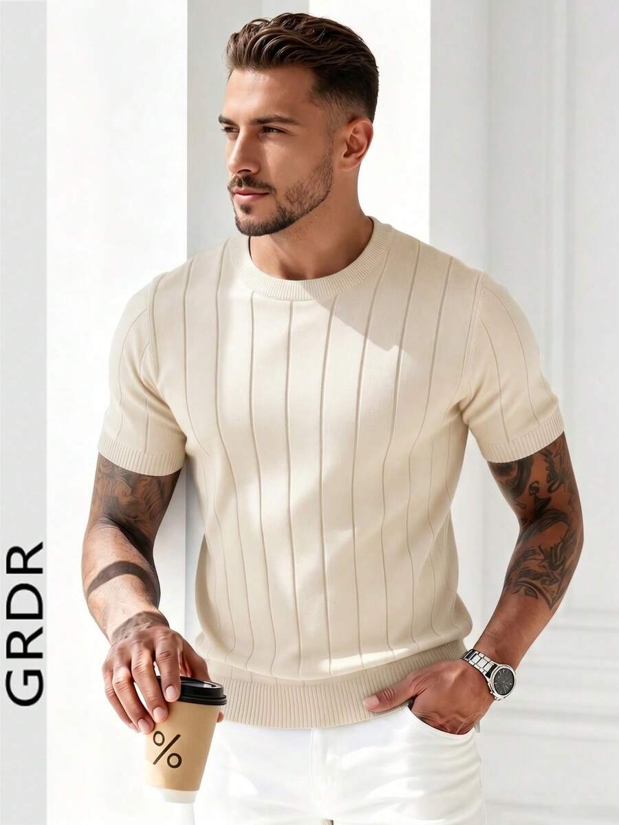 GRDR Men's Summer Ribbed Crew Neck Oversized Thin Knit Short Sleeve Sweater