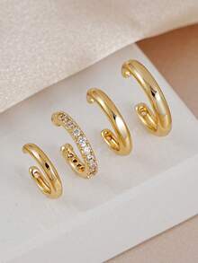 4pcs Minimalist Cubic Zirconia Ear Cuff Set - Can Be Stacked, No Piercing Needed, Suitable For Daily Office Wear (4pcs Set, Not 4 Pairs) - Yellow Gold - View 4