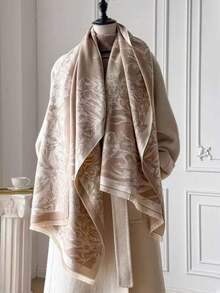 1pc Khaki Beige Vintage Floral Butterfly Premium Scarf For Women, Autumn/Winter Warm Office Air Conditioning Shawl, Dual-Use Long Outerwear Neck Warmer - Champagne - View 3