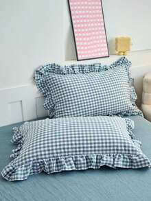 Set Sprei Selimut Minimalis Motif Kotak-kotak Kecil Warna Biru dengan Pinggiran Bergelombang, Nyaman, Lembut, dan Ramah Kulit, 3 Buah (1*Sprei Selimut + 2*Sarung Bantal, Tanpa Isi), Cocok untuk Kamar Tidur, Kamar Tamu, Dapat Dicuci dengan Mesin, Sepanjang Musim - Dusty Blue - View 6