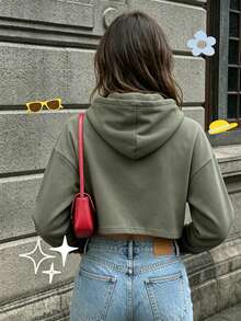 New Design - Women's Spring/Summer Sports Sweatshirt, Short Style, Printed, Multiple Colors Available. Women's Short Style Thick Drawstring Hooded Sweatshirt In Gray, Suitable For Outdoor Sports, Running, Gym Activities - Grey - View 4