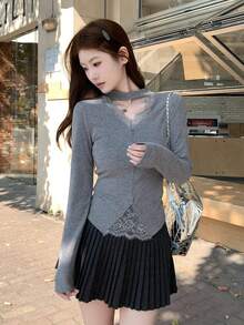 Korean Style Elegant Lace Patchwork V-Neck T-Shirt Women Spring Autumn Sweet Hot Girl Top - Grey - View 3