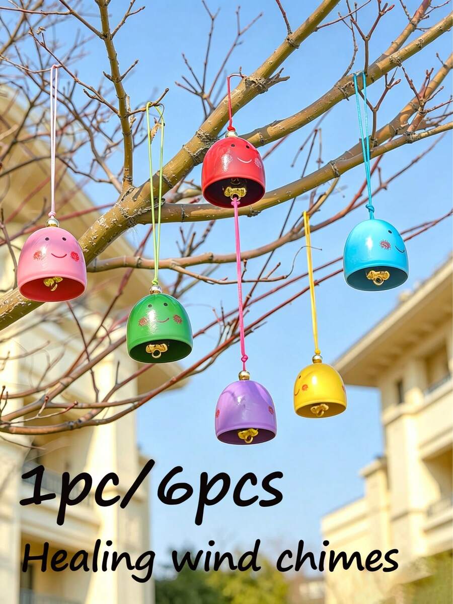 1pc/6pcs Creative Smiling Face Hanging Wind Chime, Includes Hanging Rope And Bells, Metal DIY Material, Crisp Sound, Holiday Decoration Bell Pendant, Suitable For Outdoor Patio