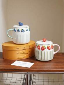 1pc Embossed Fruit Striped Ceramic Mug, Exquisite Coffee Cup With Lid, Lemon, Peach, Strawberry And Blueberry Pattern, Elegant And Practical, Suitable For Home Decor, Father's Day Gift, Father's Day Decoration, Independence Day Gift Decoration, Back To School Gift, Halloween Decoration And Christmas Decoration, Suitable For Coffee Cup, Living Room, Bedroom, Coffee Art, Gift. - Multicolor - View 5