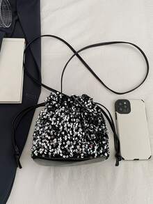 Women's Drawstring Mini Crossbody Bucket Bag, Quilted Pattern, Daily Outdoor Use - Silver - View 7