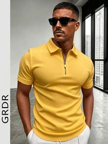 GRDR 男士夏季 Polo 领半拉链短袖 T 恤，适合户外、度假和休闲穿着 - 黃色 - 查看 3