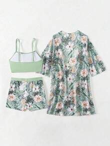 3 paquetes Conjunto De Bikini Impreso Tropical De Tres Piezas Para Mujer Sujetador push up & hipster Bottom de bikini & Kimono 3 piezas Bañador,short - Rosa - Ver 9