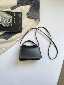 Mini V-Shaped Embossed Solid Color PU Ruffle Bow Flap Crossbody Bag For Women - Black - View 4