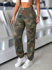 Women's Camouflage Denim Joggers, Casual Long Zipper Design Non-Stretch Cargo Denim Pants, Fashion Loose Long Pants Fall - Camouflage - View 2