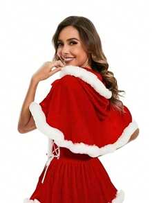 Selendang Natal Wanita - Merah & Hijau, Bahan Fleece Tebal, Model Berkerudung, Dapat Dicuci dengan Mesin, Hangat & Tahan Angin, Cocok untuk Pesta Liburan, Pertunjukan Panggung, Pertemuan Keluarga, Pakaian Rumahan, Desain Berkualitas, 100% Poliester - MultiWarna - View 11