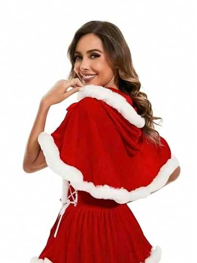 Women's Christmas Shawl - Red & Green Thickened Fleece Hooded Style, Machine Washable, Warm & Windproof, Suitable For Holiday Parties, Stage Performances, Family Gatherings, Home Wear, Quality Design, 100% Polyester