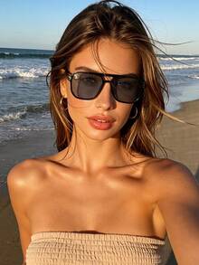 1 Pair Women's Double-Beam Square Frame Sunglasses, Black Leopard & Tea Two-Tone, UV Protection, Face-Slimming, Commuting & Travel, Atmospheric Style - Multicolor - View 1