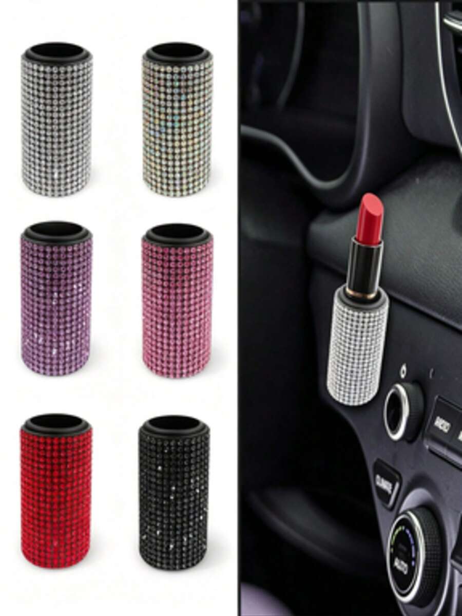 1 buah Tempat Lipstik Mobil Berkilau dengan Hiasan Berlian Imitasi - Kotak Penyimpanan Kosmetik Portabel yang Dapat Dipasang di Dinding dengan Perekat, Aksesori Mobil, Perlengkapan Seni Kuku, Perlengkapan Perjalanan, Dekorasi Ruangan, Kotak Penyimpanan Kuku - A - View 1