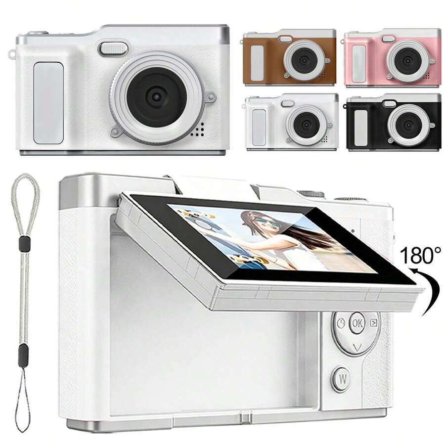 New CCD Digital Camera For Photography, Auto Focus, Upgraded 48MP 1080P Vlogging Camera, 2.4-Inch 180° Flip Screen, 4x Zoom, Portable Travel Camera For Beginners, Includes 32GB Card, Portable Camera, Birthday Christmas Gift For Boys And Girls (Pink), 600mAh