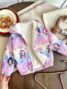 Young Girl Cartoon Print Warm Hooded Jacket - Purple - View 1