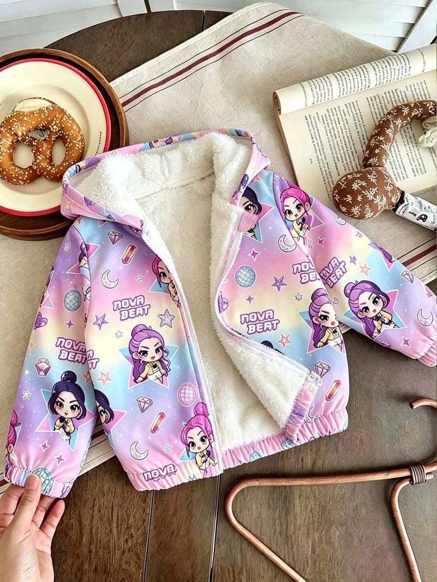 Young Girl Cartoon Print Warm Hooded Jacket - Purple - View 1