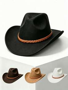 1pc Unisex Western Cowboy Hat, Felt Hat, Riding Hat, Summer Sun Protection Hat, Minimalist And Fashionable. Suitable For Daily Wear, Parties, Outdoor Riding, Western Theme Events, Cosplay, Music Festivals And More. - Brown Braided Hat - View 5