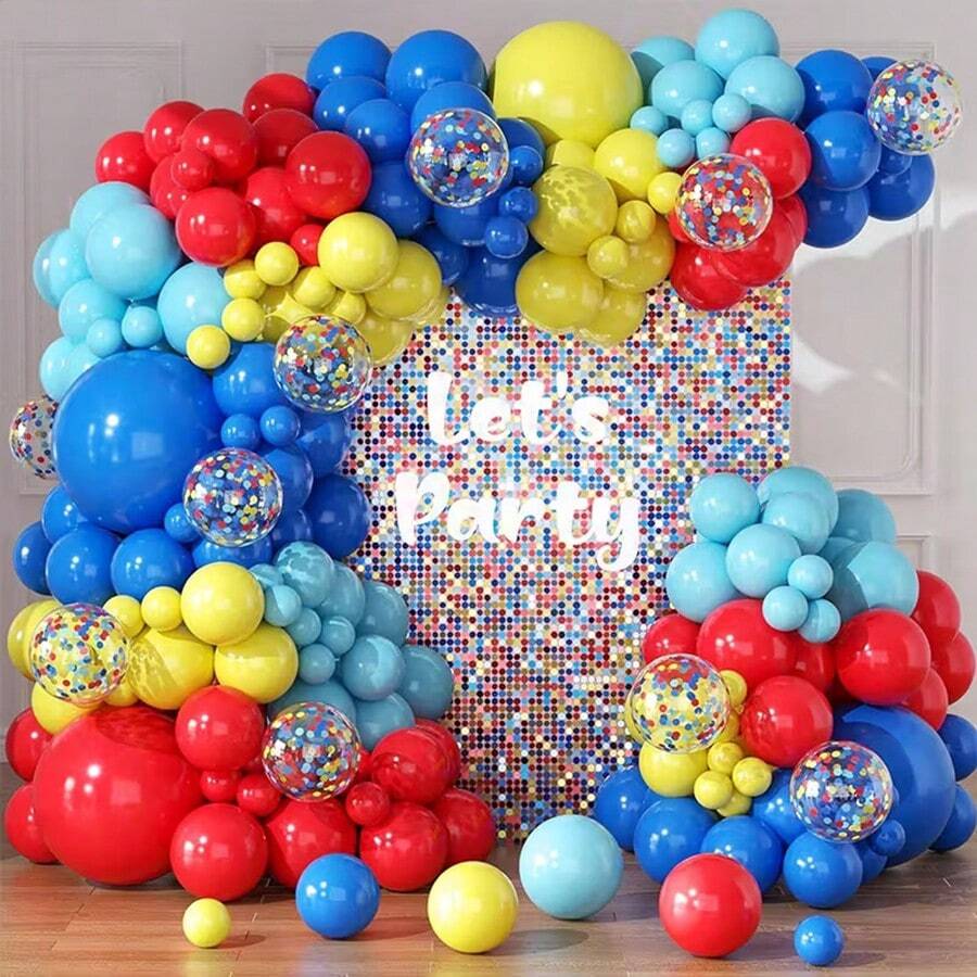 133Pcs Red Blue Yellow Balloon Garland Arch Kit, 5/10/18 Inch Latex Balloons & 12 Inch Confetti Balloons With Ribbons, Bright Decor For Party, Anniversary, Holiday Event Background - Multicolor - View 1