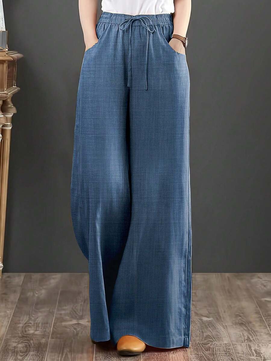1 pieza Pantalones de mujer con bolsillo con cordón de tela tejida de unicolor, adecuados para citas, vacaciones, uso diario, fiestas de cumpleaños, fiestas de solteros, fiestas escolares, l - azul real - Ver 1