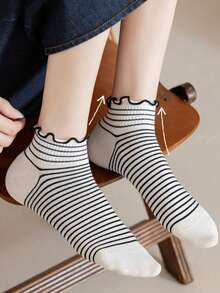 6 pares de calcetines cómodos y lindos con rayas y cuadros con ribete de volantes, perfectos para calcetines largos y medias de mujer - Multicolor - Ver 4