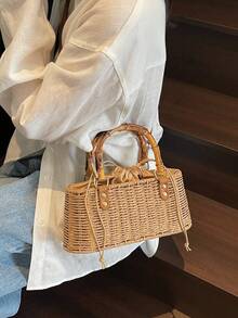 Tas Tangan Anyaman Model Baru, Tas Selempang Bahu, Tas untuk Liburan, Pantai, dan Perjalanan - Khaki - View 5