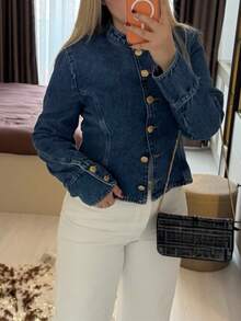 Camellia Spring/Summer New European And American Fashion Minimalist Gold-Plated Button Denim Jacket For Women Casual - Blue - View 4