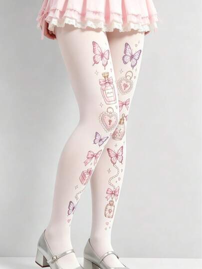 1 Pair Women's Printed Velvet Tights, Y2K Style Socks, Perfect For Lolita Outfit, Suitable For Daily Wear, Dating, Fashion Enthusiasts' First Choice