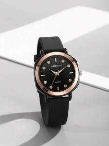 Rebirth Brand 1pc Women's Silicone Strap Minimalist Fashion Versatile Quartz Watch Suitable For Daily Decoration - Black - View 4