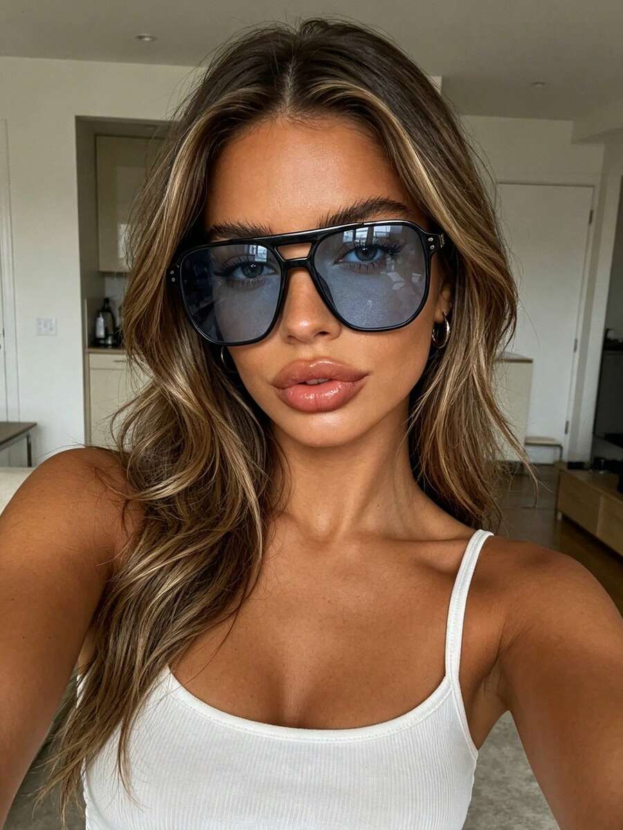 1pc Square Oversized Women's Fashion Glasses With Rivet Street Fashion Glasses Suitable For Daily Wear, Outings And Vacation - Baby Blue - View 1