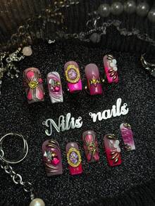 10pcs Handmade Fully Covered Square Nails Press On Nails, Hot Pink Nails,Soft Shimmer Romantic Spicy Style,Reusable False Nails With Jelly Glue And Nail File,Suitable For Summer Dating, Party,Wedding Banquet,Gentle Office Daily Styling - Hot Pink - View 3