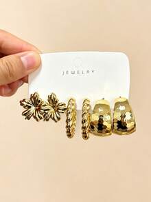 9 Pairs Gold Earring Set, Floral Hammered Twisted C-Hoop, Suitable For Commute, Date, Vacation, All-Match, One Card For All Styles - Gold - View 9