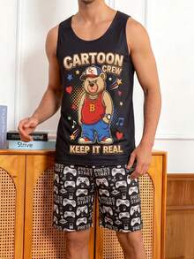 Hip-Hop Cartoon Bear Print Men's Loungewear Tank Top Set, Game Controller All-Over Print Shorts 2 Pieces Set, Summer - Black - View 2