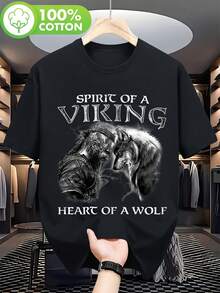 Men T Shirt,Printed With A  Pattern - Nordic Warrior Design,With Text"Viking Spirit.Wolf's Heart" - Short-Sleeved Cotton T Shirt - Black - View 2