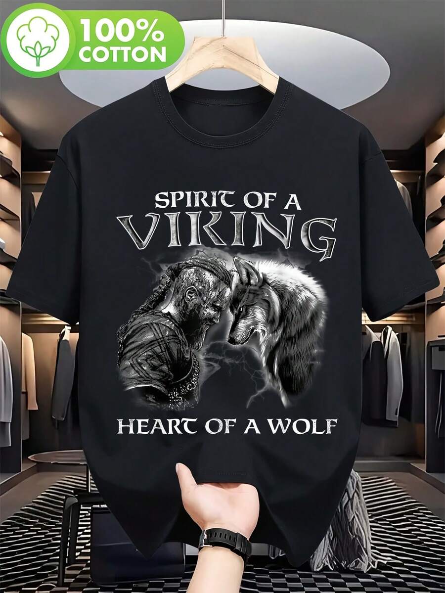 Men T Shirt,Printed With A  Pattern - Nordic Warrior Design,With Text"Viking Spirit.Wolf's Heart" - Short-Sleeved Cotton T Shirt