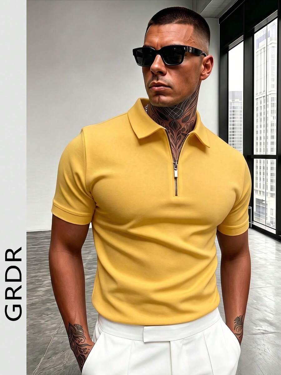 GRDR 男士夏季 Polo 领半拉链短袖 T 恤，适合户外、度假和休闲穿着