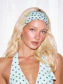 1pc Polka Dot Wide Headband, Women & Girls Elastic Fabric Hair Accessory, Daily Wear, Wrap-Around Hair Clip, Summer Accessory - Baby Blue - View 3