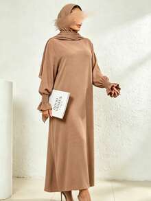 Arabian Style Women's Long Robe Dress, Solid Color Long Sleeve Plus Size Robe, Elastic Cuffs, Conservative Casual Loose Kaftan, Islamic Muslim Dubai Abaya - Multicolor - View 5