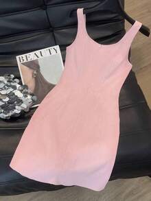 Qadelle Vestido elegante y romántico de línea A con cuello cuadrado y sin mangas, de tela texturizada, color rosa pálido, nuevo lanzamiento de verano - Rosa Pálido - Ver 3