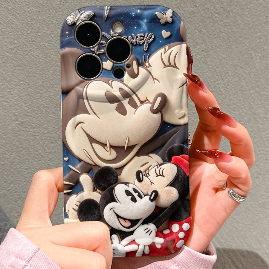 Disney Mickey & Minnie Mouse Couple Phone Case, Plush & Embossed Style With Disney Logo Print, Shockproof Protective Cover, Compatible With IPhone 17/16/15/14/13/12/11 Pro, Perfect Gift For Valentine/Birthday/Anniversary - White - View 1