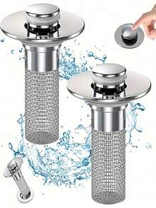 1pc Stainless Steel Pop-Up Sink Drain Filter With Removable Filter Basket, Suitable For Bathtub/Shower Drain Cover, Can Collect Hair, Easy Click Replacement Plug To Clear Clogs (Chemical-Free/Easy To Clean) - Silver - View 2