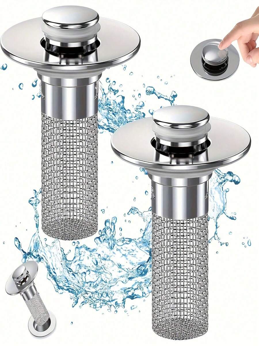 1pc Stainless Steel Pop-Up Sink Drain Filter With Removable Filter Basket, Suitable For Bathtub/Shower Drain Cover, Can Collect Hair, Easy Click Replacement Plug To Clear Clogs (Chemical-Free/Easy To Clean)