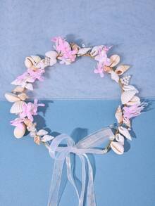 1pc Women's Mori Style Floral Shell Handmade Headband White Beach Hair Accessory Spring Outdoor Party Accessory Bridal Wedding Headpiece - Pink - View 4
