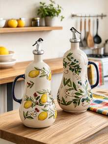 1pc Vintage Lemon Pattern Ceramic Oil Bottle, Hand-Painted Lemon Leaf Seasoning Bottle, Suitable For Olive Oil Bottle, Soy Sauce Bottle Or Oil Dispenser; Suitable For Hotel And Restaurant; Leak-Proof And Drip-Proof; Exquisite Gift - View 11